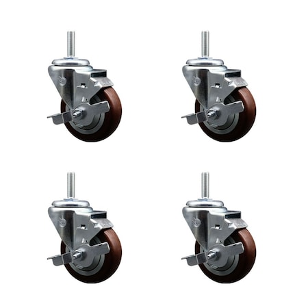 Service Caster 35 Inch Maroon Polyurethane Wheel Swivel 58 Inch Threaded Stem Caster Set with Brake SCC SCC-TS20S3514-PPUB-MRN-TLB-58212-4